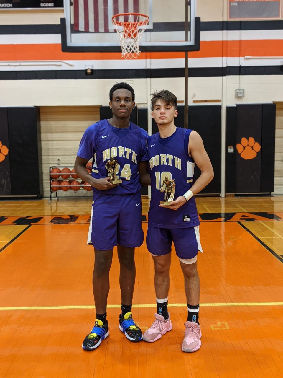 Frank Bruno (left) and Chris Merlius are pictured after leading Clarkstown North to a 58-38 win over White Plains at the Harry Jefferson Showcase on Dec. 3, 2021.