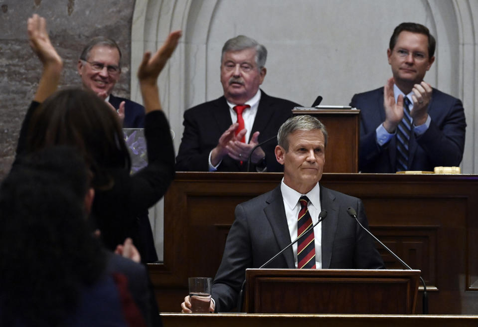 Legislators applaud Tennessee Gov. Bill Lee as he delivers his State of the State Address in the House Chamber, Monday, Feb. 6, 2023, in Nashville, Tenn.
