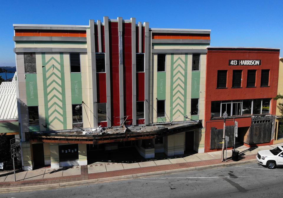 The Martin Theatre stands without a sign or marquee on Jan. 21, 2020. The historic art deco theater was heavily damaged by Hurricane Michael and repairs to the inside and outside continue.