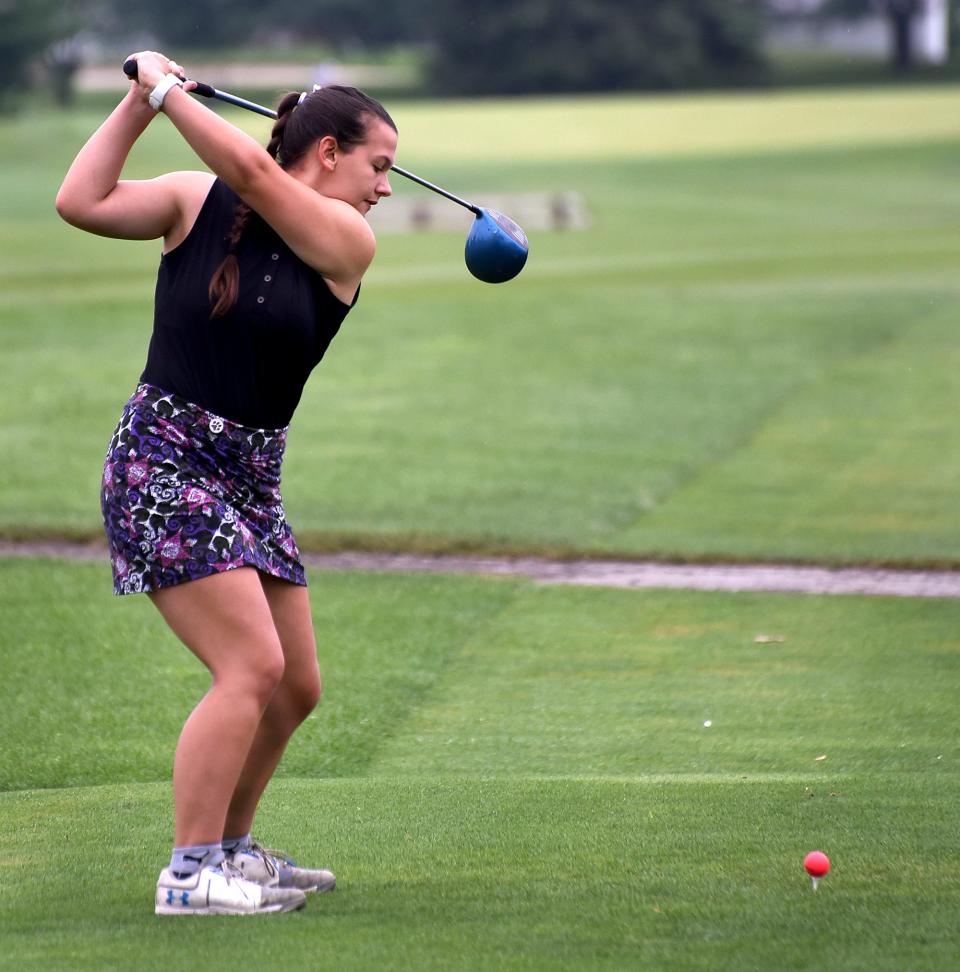 Jefferson's Kayce Maitland tees off on Day 2 in the 44th annual La-Z-Boy Junior Open on Wednesday at Green Meadows.