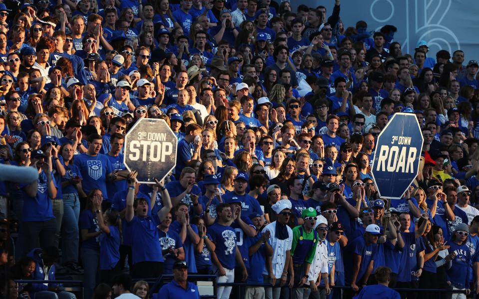 Brigham Young Cougars fans cheer against the Texas Tech Red Raiders in Provo on Saturday, Oct. 21, 2023. BYU won 27-14. | Jeffrey D. Allred, Deseret News