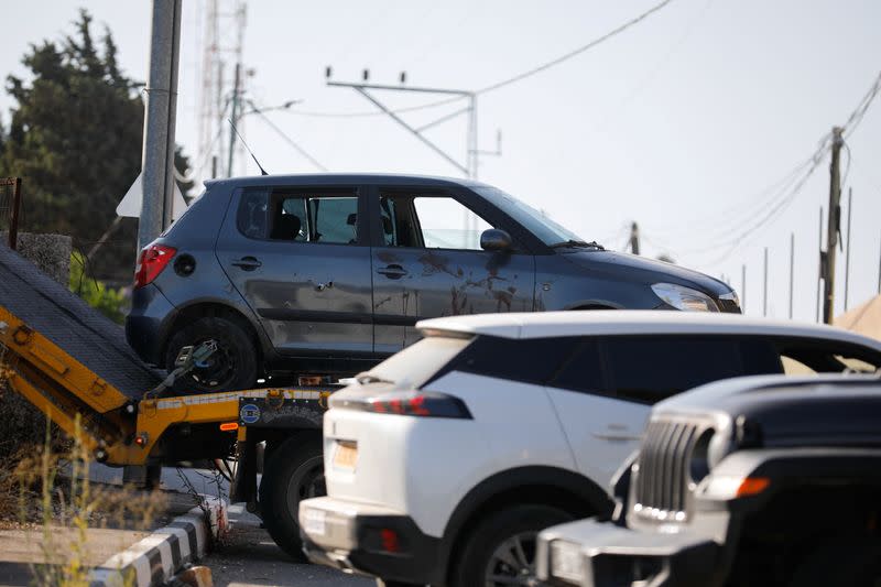 General view of the car in which three Palestinians were allegedly killed by Israeli troops, in Nablus