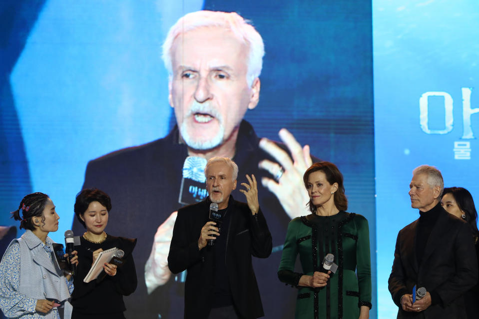 Director James Cameron with actors Sigourney Weaver and Stephen Lang at the premiere of Avatar: The Way of Water on Dec. 9, 2022, in Seoul, South Korea