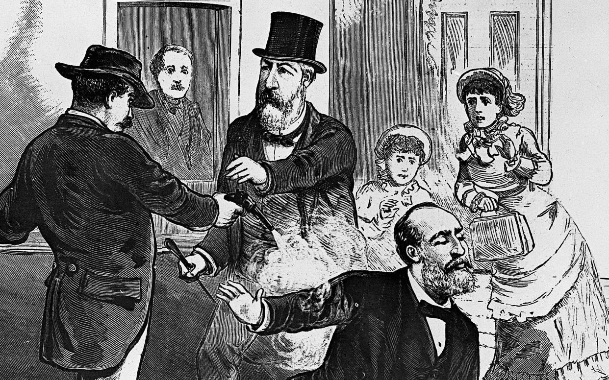 An illustration of James A Garfield being shot in 1881