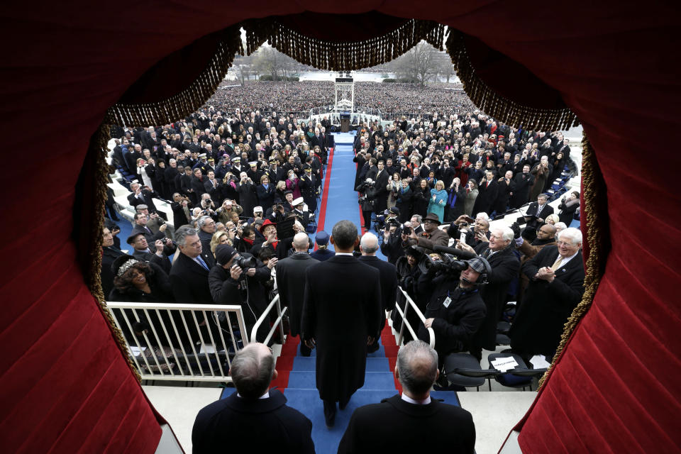 President Barack Obama arrives at the ceremonial swearing-in at the U.S. Capitol during the 57th Presidential Inauguration in Washington, Monday, Jan. 21, 2013. (AP Photo/Evan Vucci, Pool)