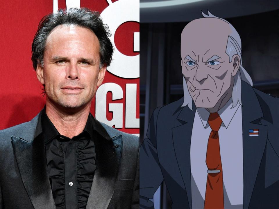 Walton Goggins, left, in April 2023. Cecil Stedman, right, on season two of "Invincible."