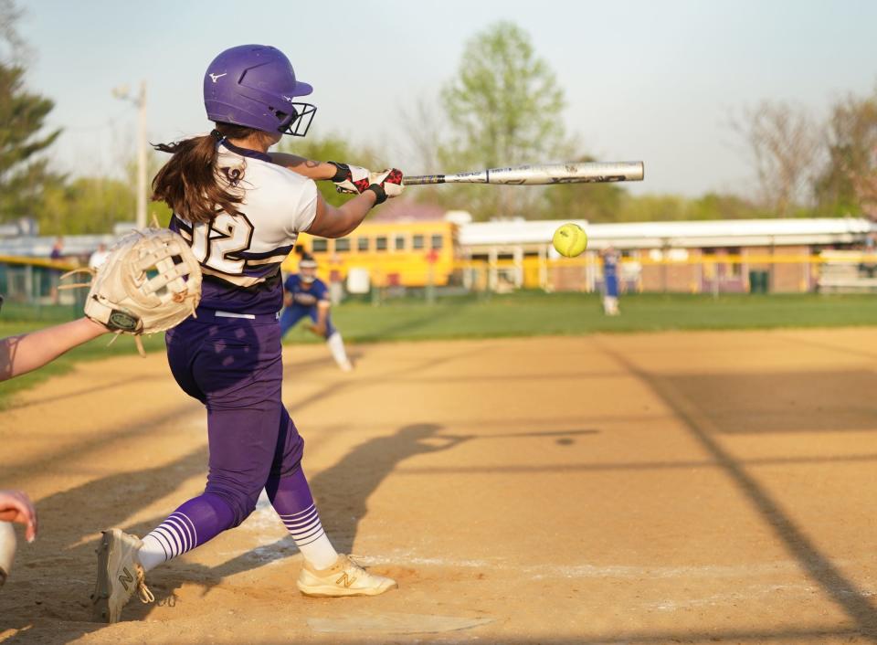 Clarkstown North's Marlee Levin (2) connects with a pitch during their 7-2 win over Mahopac in softball action at Clarkstown North High School in New City on Thursday, April 20, 2023. 