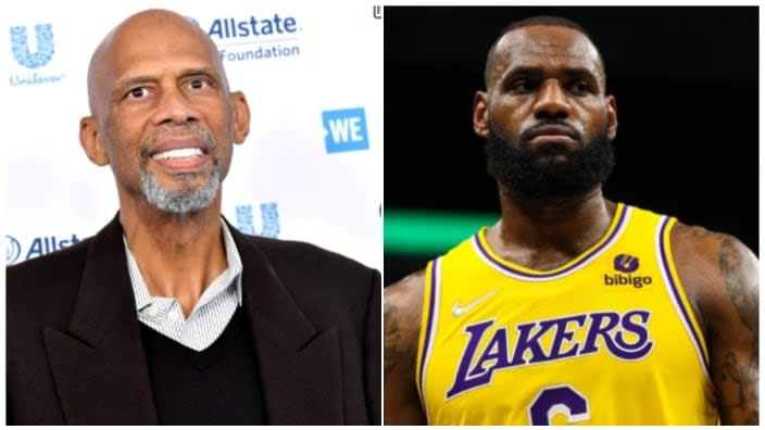 Los Angeles Lakers icon Kareem Abdul-Jabbar (left) appears to have reprimanded current Lakers star LeBron James (right) over his stance on the COVID-19 vaccine. (Photos: Emma McIntyre/Getty Images and David Berding/Getty Images)