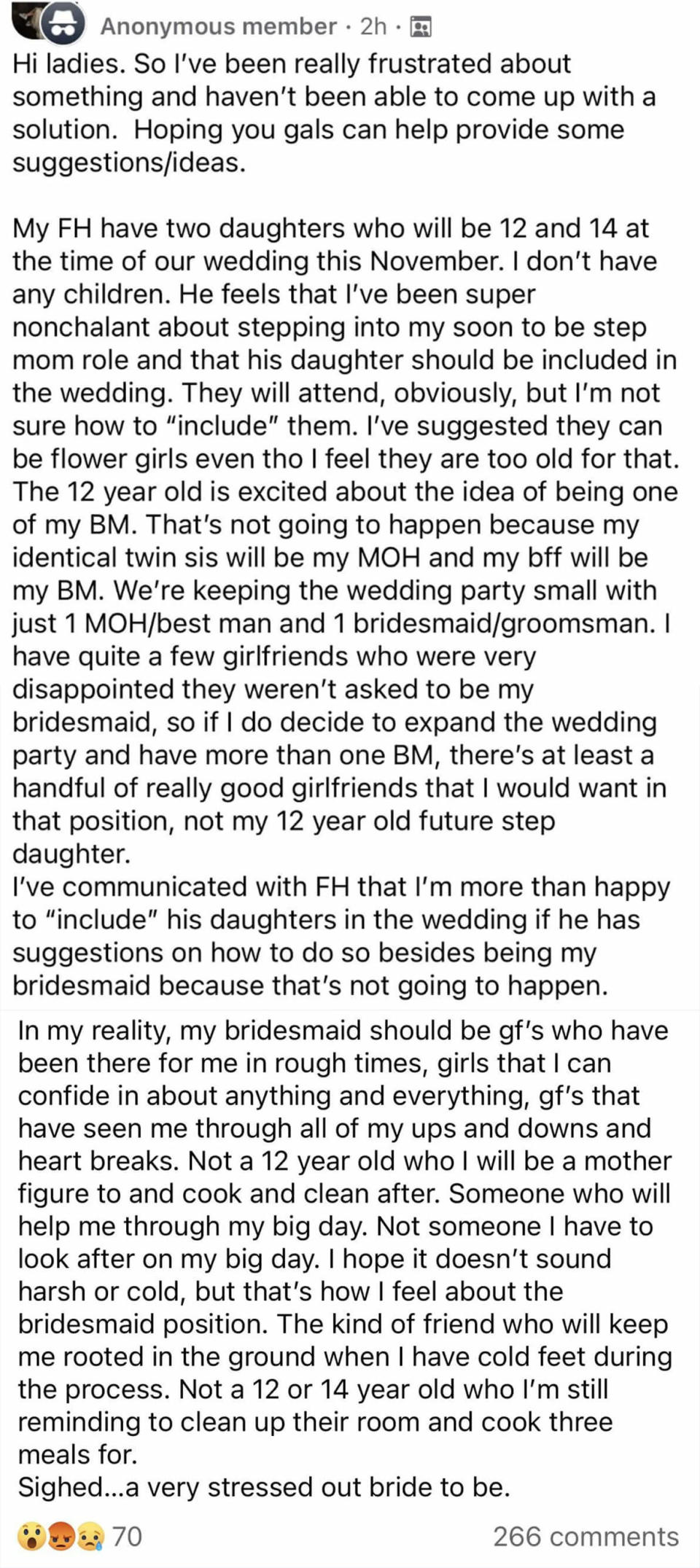 the long message basically saying that she doesn't want the step-daughters in the wedding