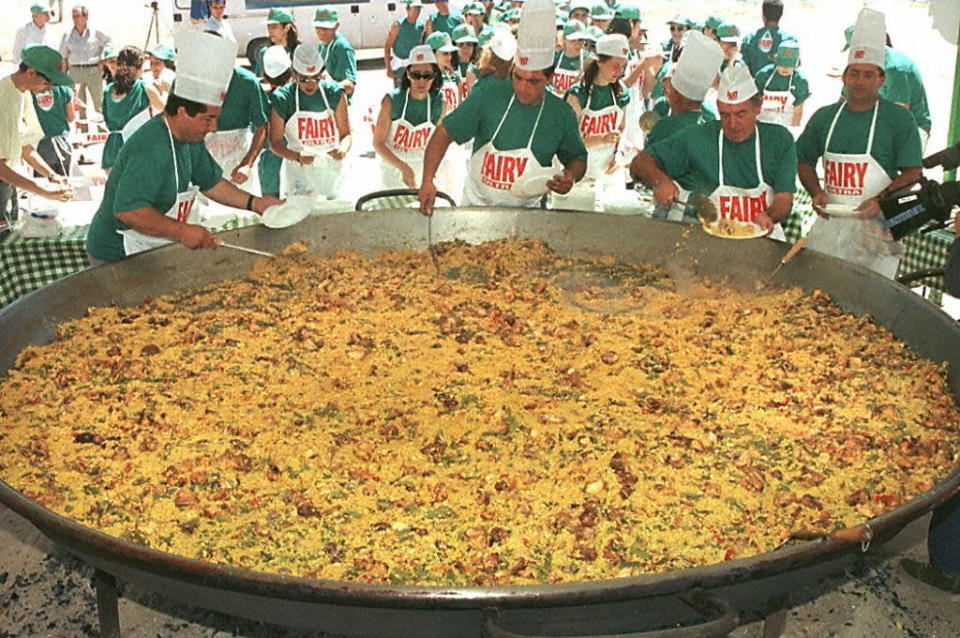 <b>Paella</b><br><br> While most gigantic food creations are purely for display purposes, this enormous bowl of paella was actually served to the public in Madrid, Spain. More amazingly, it was one of seven massive plates of food that were served to 15,000 people, ensuring nobody went hungry. <br><br>(Image: Getty)