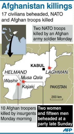 Graphic locating the separate locations in Afghanistan where 17 civilians were beheaded, 10 soldiers killed and two NATO troops shot dead in a bloody few hours spanning late Sunday to Monday