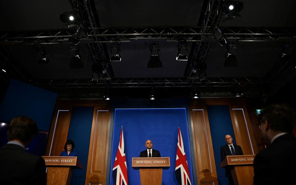 Chief executive of the UK Health Security Agency Dr Jenny Harries, Health Secretary Sajid Javid and NHS England National Medical Director Stephen Powis - Toby Melville/PA Wire
