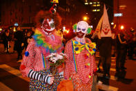 <p>Gruesome killer clowns are seen in the 44th annual Village Halloween Parade in New York City on Oct. 31, 2017. (Photo: Gordon Donovan/Yahoo News) </p>