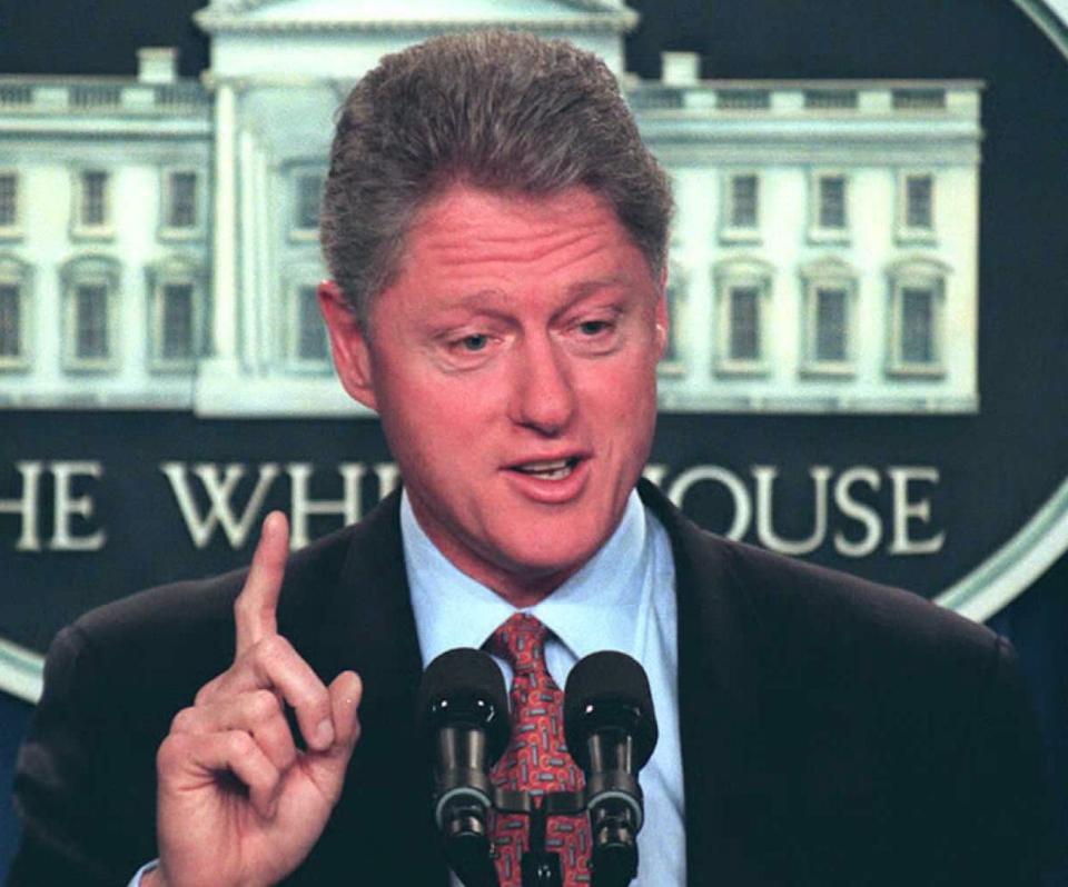 U.S. President Bill Clinton emphasizes a point during a press conference at the White House in Washington, DC, on May 08, 1996. (Photo: RICHARD ELLIS/AFP/Getty Images)