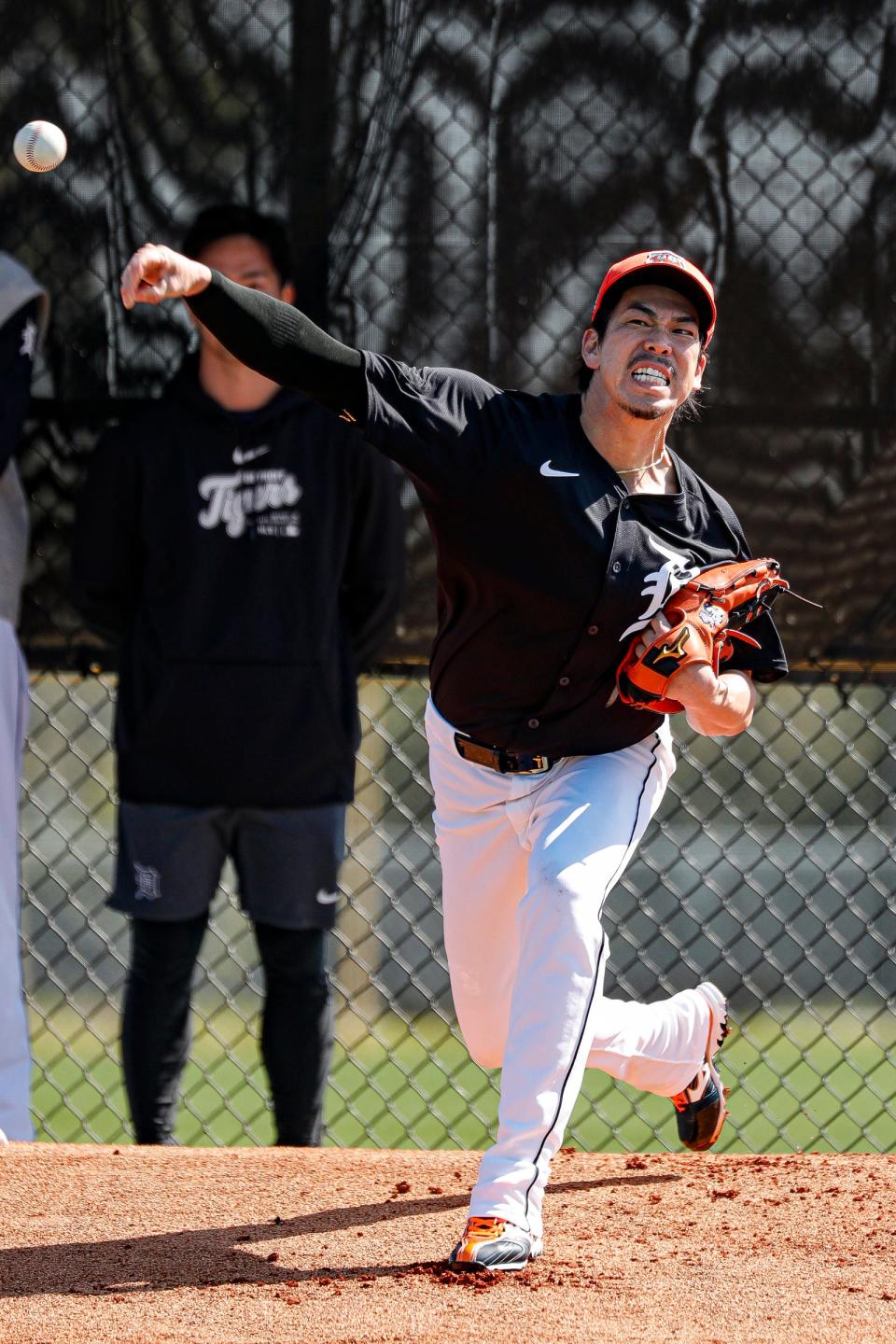 Detroit Tigers pitcher Kenta Maeda throws during spring training at TigerTown in Lakeland, Fla. on Wednesday, Feb. 21, 2024.