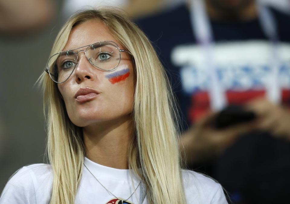 <p>A Russian fan looks on prior the quarterfinal </p>