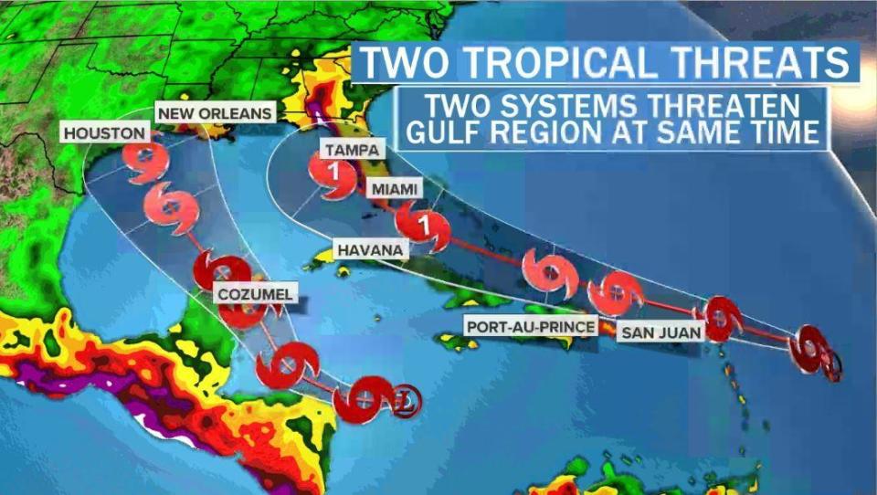 Two tropical weather systems could threaten South Florida and the western Gulf Coast next week. Map shows forecast track as of Thursday, August 20, 2020. / Credit: CBS News