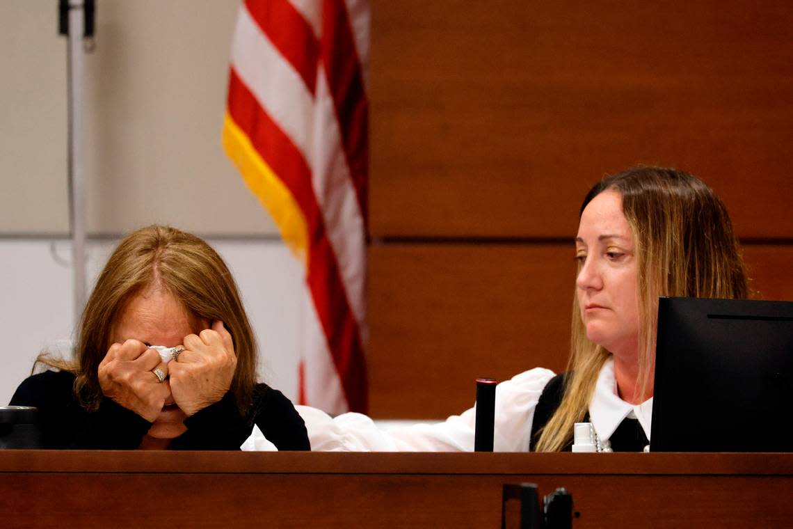 Lori Alhadeff reaches over to comfort her mother, Theresa Robinovitz, as she breaks down after reading her victim impact statement during the penalty phase of the trial of Marjory Stoneman Douglas High School shooter Nikolas Cruz at the Broward County Courthouse in Fort Lauderdale on Tuesday, Aug. 2, 2022. Alhadeff’s daughter and Robinovitz’s granddaughter, Alyssa, was killed in the 2018 shootings. Cruz previously pleaded guilty to all 17 counts of premeditated murder and 17 counts of attempted murder in the 2018 shootings.