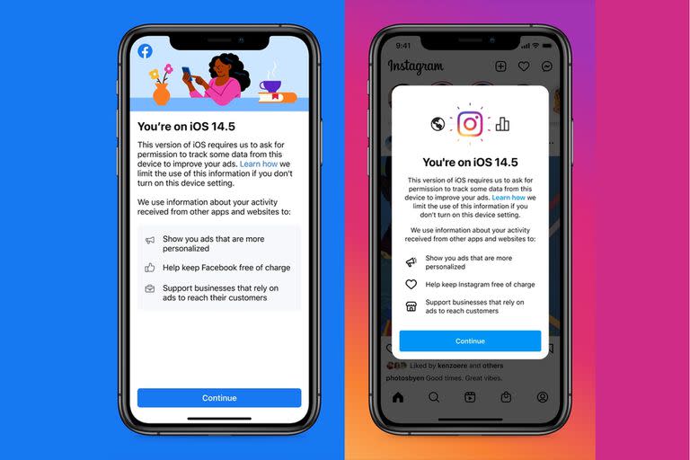 Una vista de las pantallas que muestran Facebook e Instagram para mantener activo el rastreo publicitario en los teléfonos iPhone con iOS 14.5