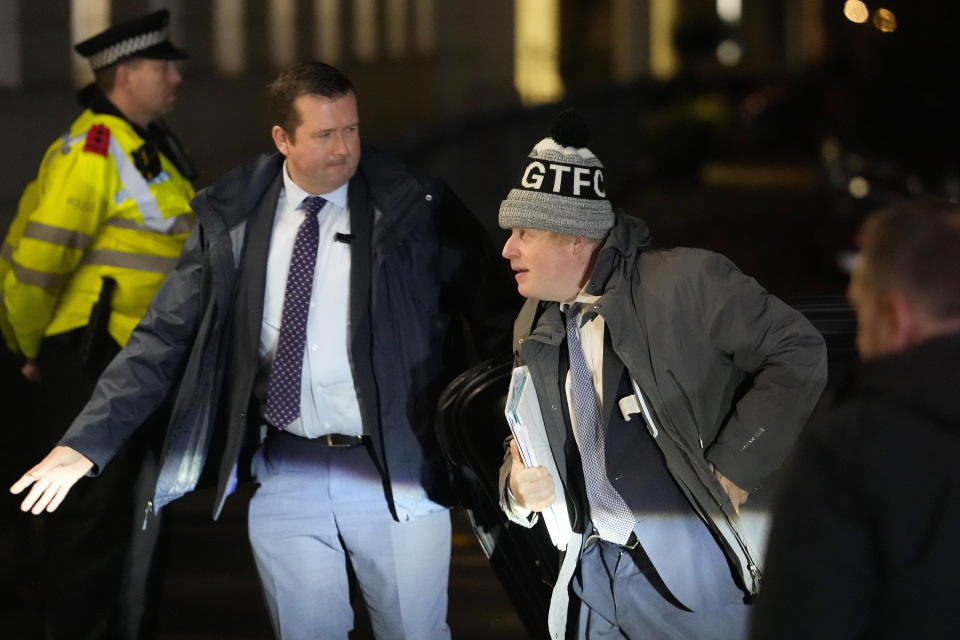 Britain's former Prime Minister Boris Johnson arrives for the COVID Inquiry at Dorland House in London, Thursday, Dec. 7, 2023. (AP Photo/Kirsty Wigglesworth)