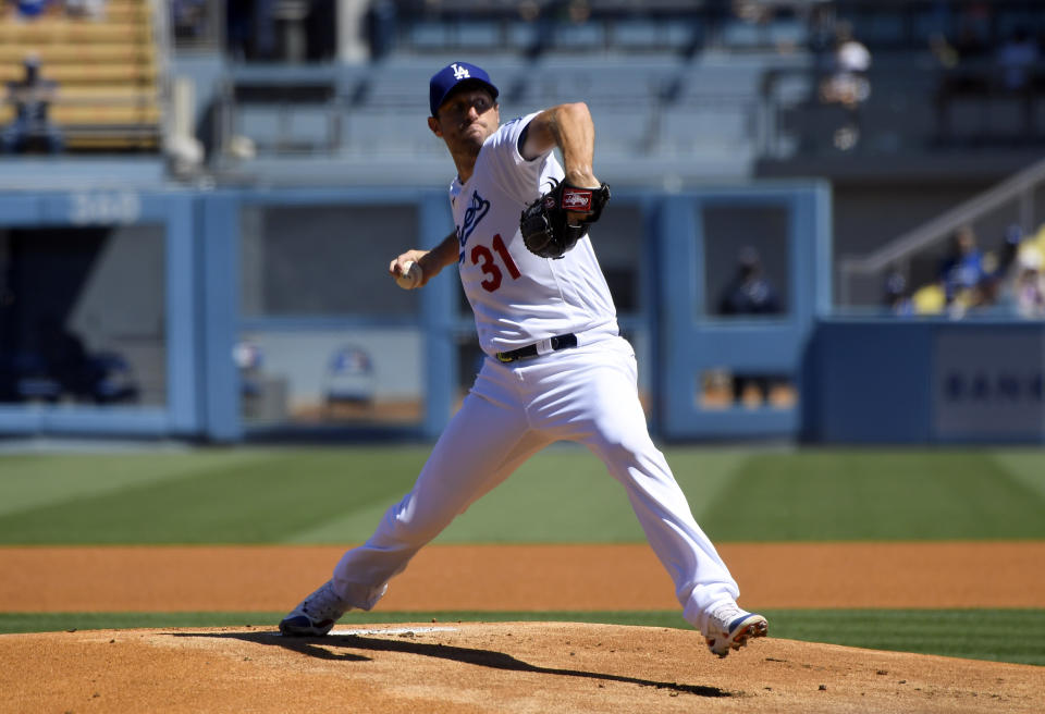 Los Angeles Dodgers starting pitcher Max Scherzer throws in the first inning against the San Diego Padres in a baseball game Sunday, Sept. 12, 2021, in Los Angeles, Calif. (AP Photo/John McCoy)