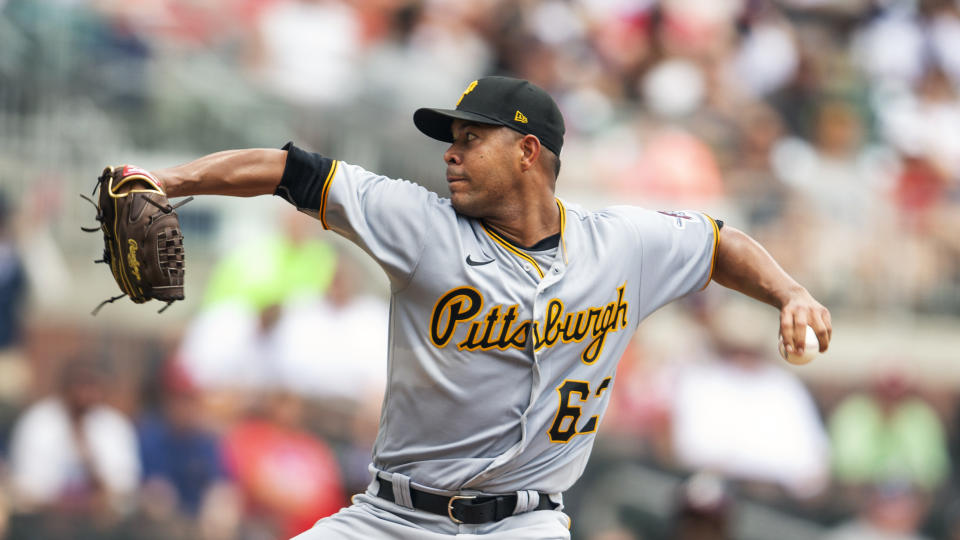 Pittsburgh Pirates starting pitcher Jose Quintana (62) throws in the first inning of a baseball game against the Atlanta Braves, Sunday, June 12, 2022, in Atlanta. (AP Photo/Hakim Wright Sr.)
