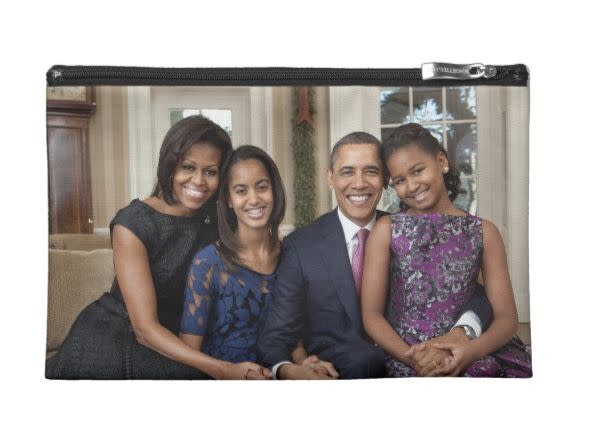 Buy the <a href="https://www.zazzle.com/president_barack_obama_family_travel_accessory_bag-223781891186630560" target="_blank">Poliloco "POTUS &amp; Family" travel accessories bag </a>for $46.15