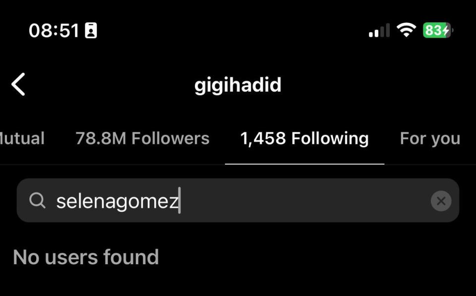 gigi hadid no longer following selena gomez as of 8h51 am, june 29