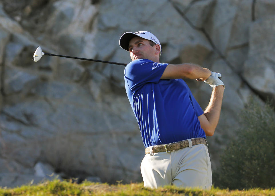 Brendon Todd hits from the 16th tee during the second round of the Humana Challenge PGA golf tournament on the Palmer Private course at PGA West, Friday, Jan. 17, 2014, in La Quinta, Calif. (AP Photo/Matt York)