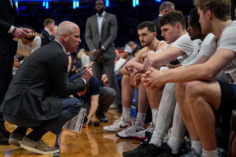 Connecticut Huskies head coach Dan Hurley prepares his team before the first half of the NCAA Big East Conference Tournament second round game between the Connecticut Huskies and the Xavier Musketeers at Madison Square Garden in New York City on Thursday, March 14, 2024.
