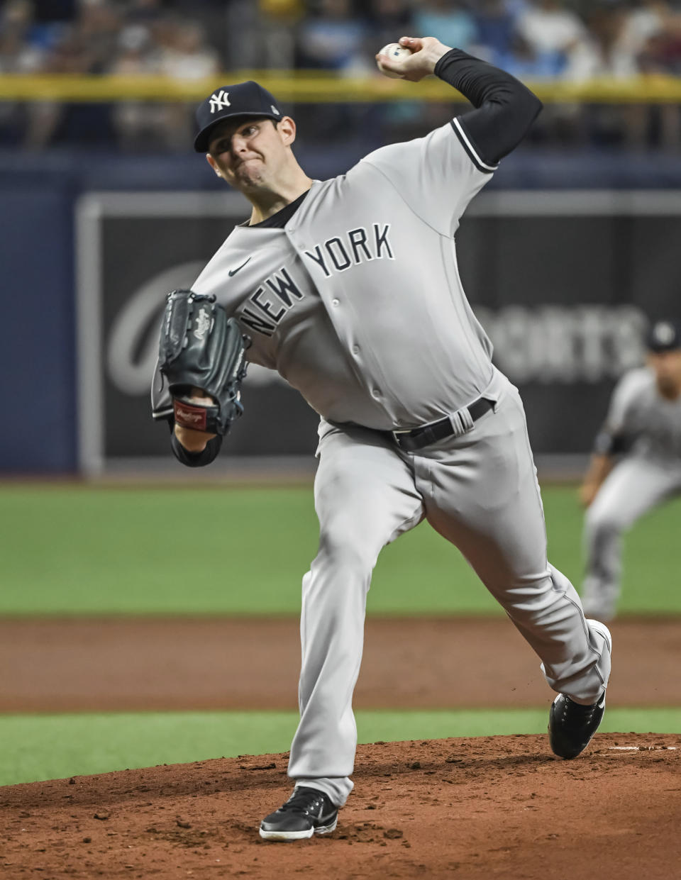 New York Yankees starter Jordan Montgomery pitches to a Tampa Bay Rays batter during the first inning of a baseball game Tuesday, July 27, 2021, in St. Petersburg, Fla. (AP Photo/Steve Nesius)