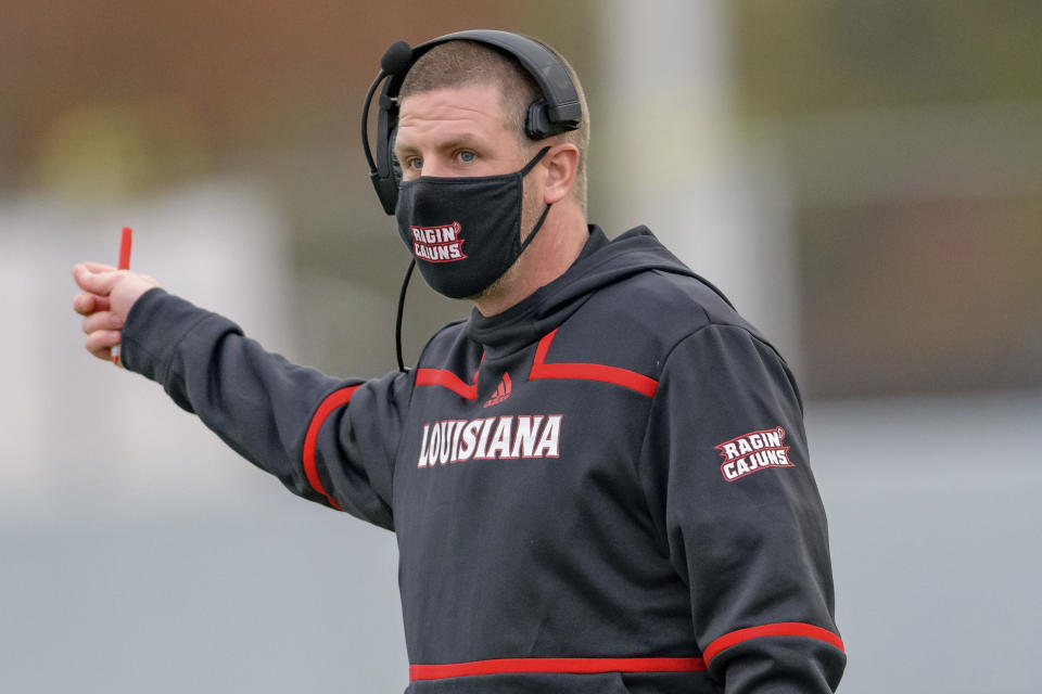 Louisiana-Lafayette head coach Billy Napier reacts to a call in the first half of an NCAA college football game against Louisiana Monroe in Monroe, La., Saturday, Nov. 28, 2020. (AP Photo/Matthew Hinton)