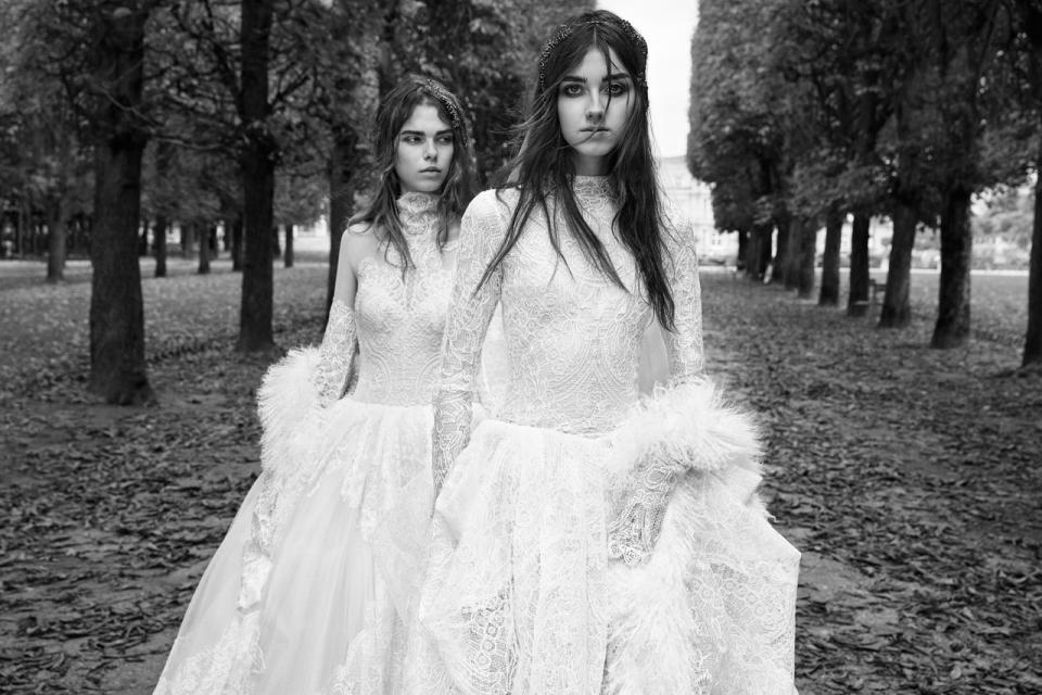 <p><i>From left, long-sleeve macrame lace ball gown with high-neck accent and couture draped skirt; long-sleeve ball gown with macramé lace panels. (Photo: Courtesy of Vera Wang/Patrick Demarchelier) </i></p>