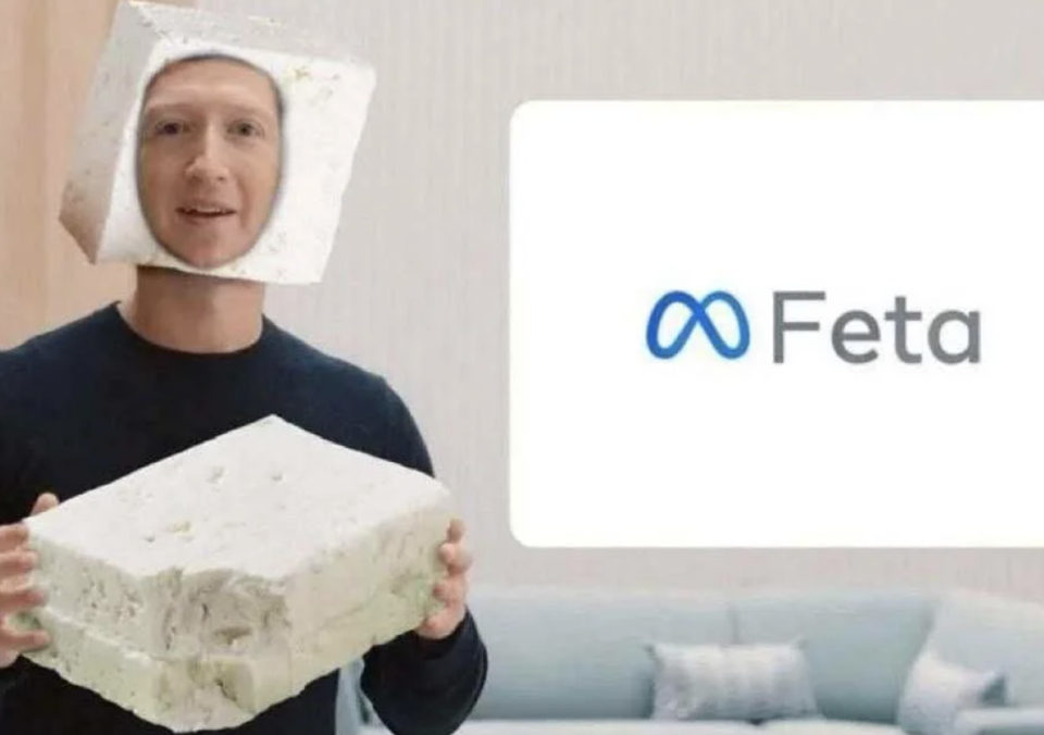 Mark Zuckerberg with a block of feta cheese on his head and holding a large piece of feta cheese, with a funny logo next to him that reads "Feta"