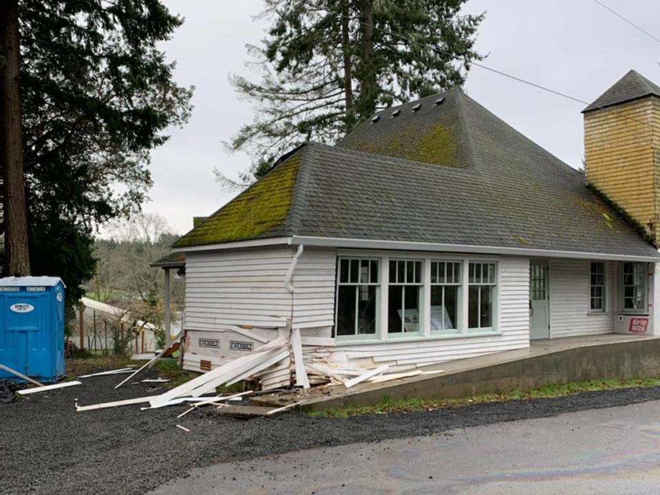 A car crashed into the corner of the Vaughn Library Hall Nov. 30, 2021, days after volunteers finished part of the ongoing restoration of the building, which was built in 1893.