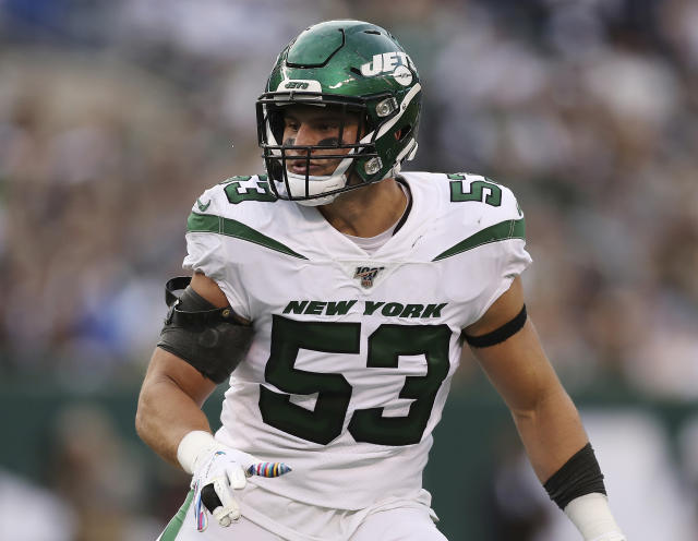 EAST RUTHERFORD, NJ - AUGUST 27: New York Jets linebacker Blake Cashman  (53) prior to the National Football League preseason game between the New  York Jets and the Philadelphia Eagles on August