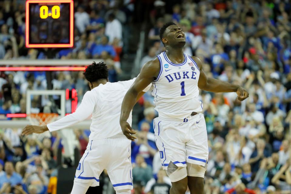 COLUMBIA, SOUTH CAROLINA - MARCH 24: Zion Williamson #1 of the Duke Blue Devils celebrates after defeating the UCF Knights in the second round game of the 2019 NCAA Men's Basketball Tournament at Colonial Life Arena on March 24, 2019 in Columbia, South Carolina. (Photo by Kevin C.  Cox/Getty Images)