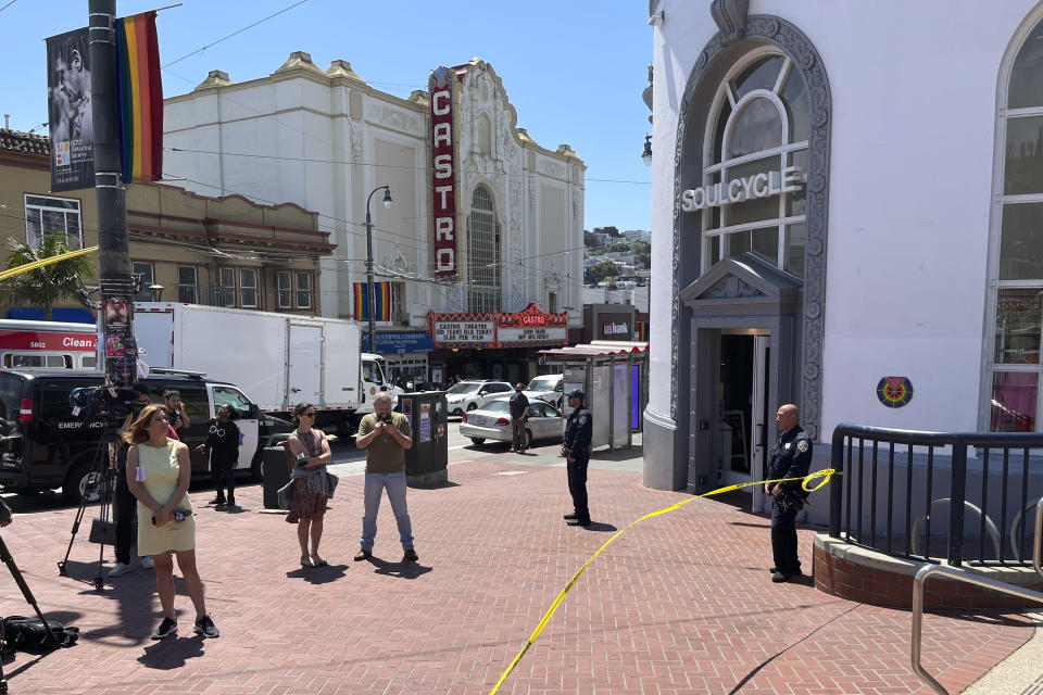 Police tape blocks the entrance to the Castro Muni Metro train station following a shooting in San Francisco, Wednesday, June 22, 2022. One person was killed and another was wounded in a shooting on a crowded subway train early Wednesday, Supervisor Myrna Melgar said. (AP Photo/Janie Har)