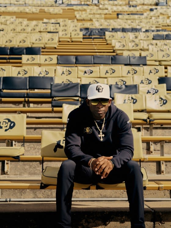 <strong>Deion Sanders.</strong> "<a href="https://time.com/6320551/deion-sanders-colorado-interview-coach-prime/" rel="nofollow noopener" target="_blank" data-ylk="slk:The Unwavering Confidence of Deion Sanders,;elm:context_link;itc:0;sec:content-canvas" class="link ">The Unwavering Confidence of Deion Sanders,</a>" October 23 issue.<span class="copyright">Joshua Kiss for TIME</span>