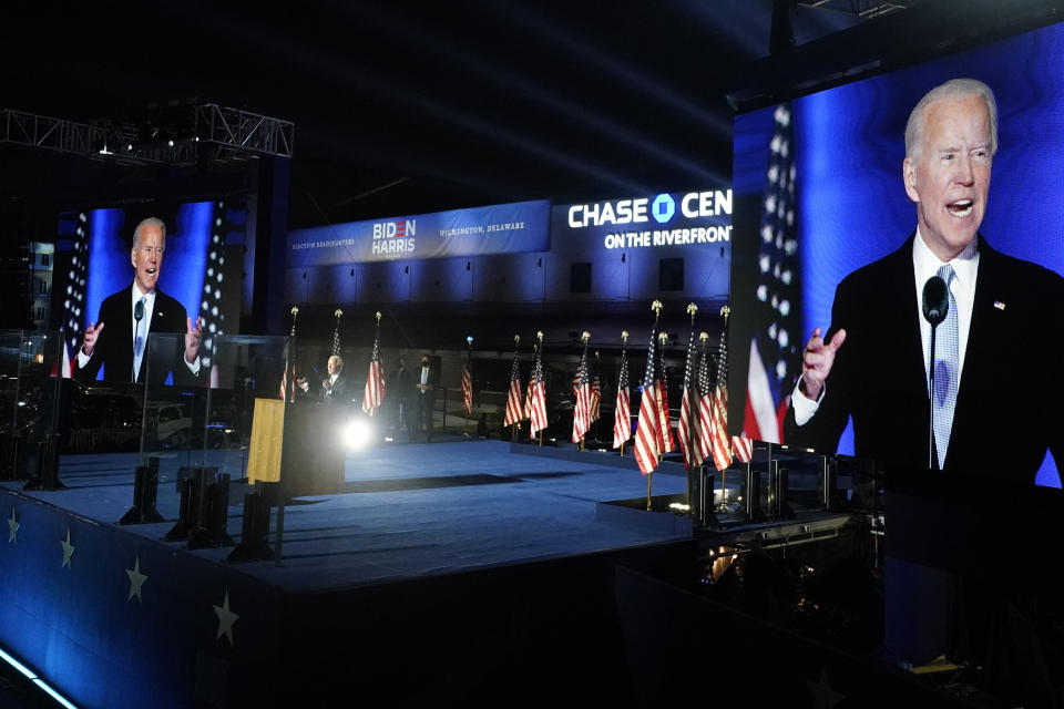 FILE - President-elect Joe Biden speaks, Saturday, Nov. 7, 2020, in Wilmington, Del. (AP Photo/Andrew Harnik, File)
