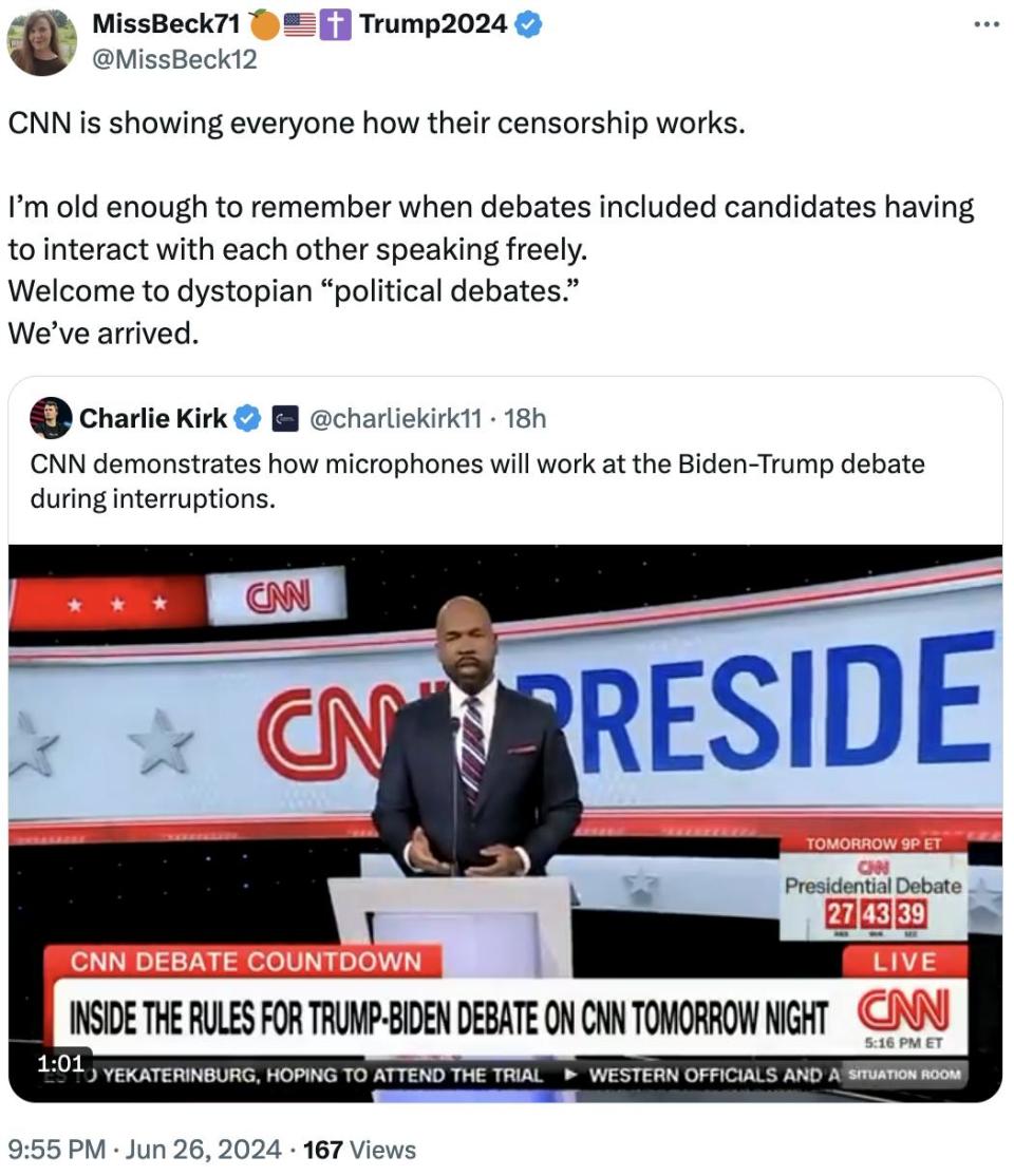 Twitter Screenshot MissBeck71 ������✝️ Trump2024 @MissBeck12: CNN is showing everyone how their censorship works. I’m old enough to remember when debates included candidates having to interact with each other speaking freely. Welcome to dystopian “political debates.” We’ve arrived.