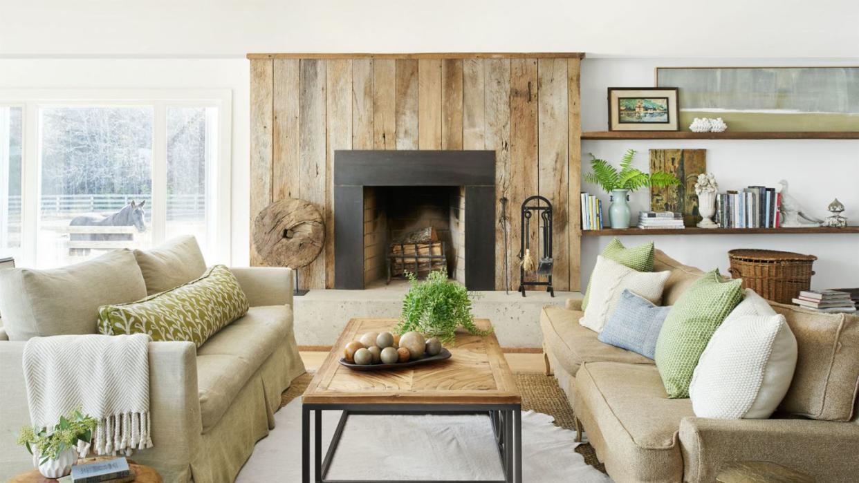 modern farmhouse living room with natural materials