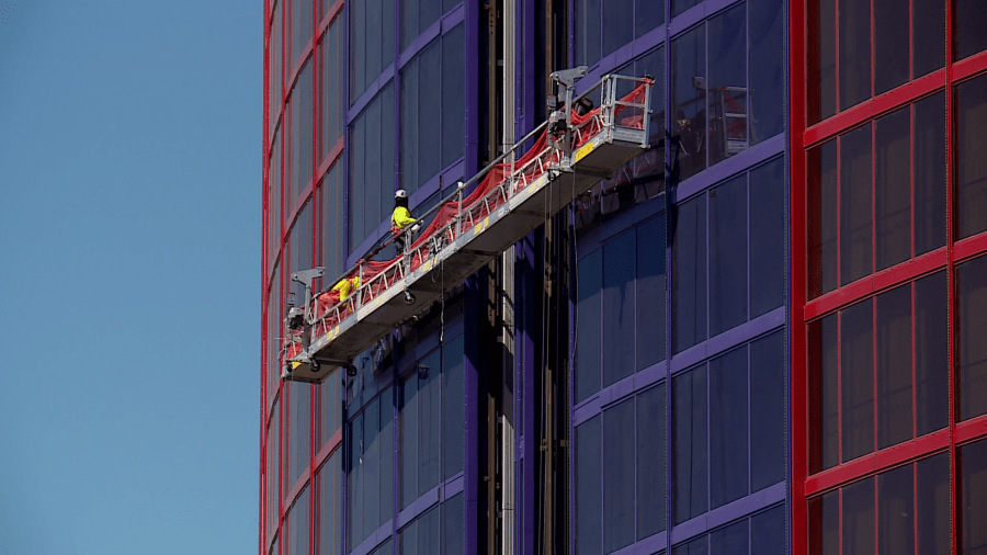 Workers suspended in front of Rio Hotel & Casino Thursday morning. (KLAS)