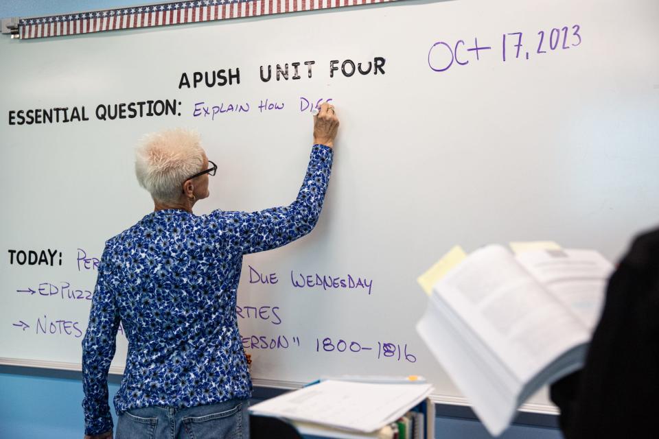 Coach Tracie Jensen prepares for an AP U.S. history class at Carroll High School on Wednesday, Oct. 18, 2023, in Corpus Christi, Texas.