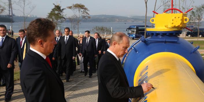 Russian Prime Minister Vladimir Putin and CEO of Russian natural gas giant Gazprom Alexei Miller attend a ceremony to mark the launch of the Sakhalin-Khabarovsk-Vladivostok natural gas pipeline, September 8, 2011 in Vladivostok, Russia.