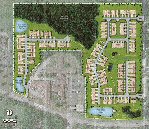 This is the proposed layout of the Parkview Senior Living complex in Sagamore Hills. Route 82 is at bottom and Carter Road is at right. Brentwood Healthcare Center is the gray area in the center. SAGAMORE HILLS TOWNSHIP