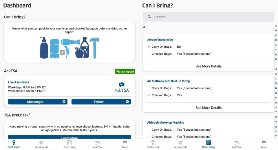 A view of the "Dashboard" and "Can I Bring" sections of the MyTSA app. Travelers can use the app to know what items are allowed in carry-on or checked luggage, if at all.