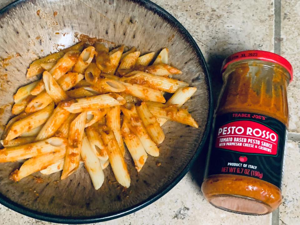 Bowl of penne pasta with Trader Joe's pesto rosso