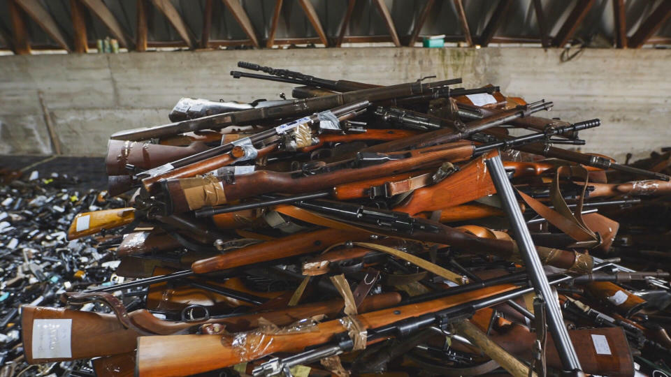 A pile of guns in a police warehouse in Serbia. (Nico Hameon)