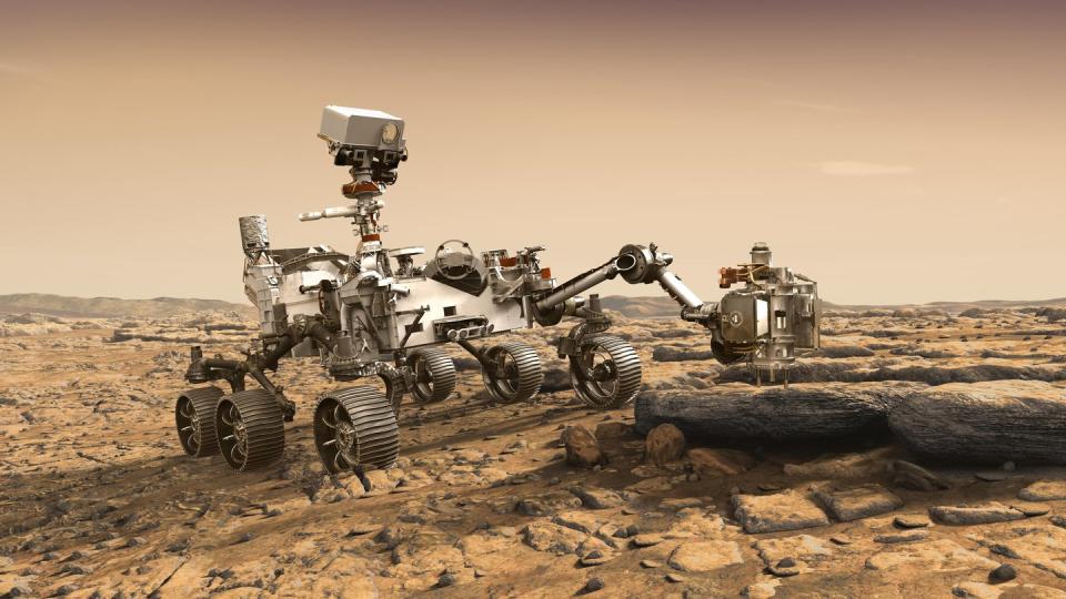 Eine grafische Darstellung zeigt den Nasa-Rover «Perseverance» auf der Marsoberfläche im Einsatz bei der Untersuchung von Gestein.